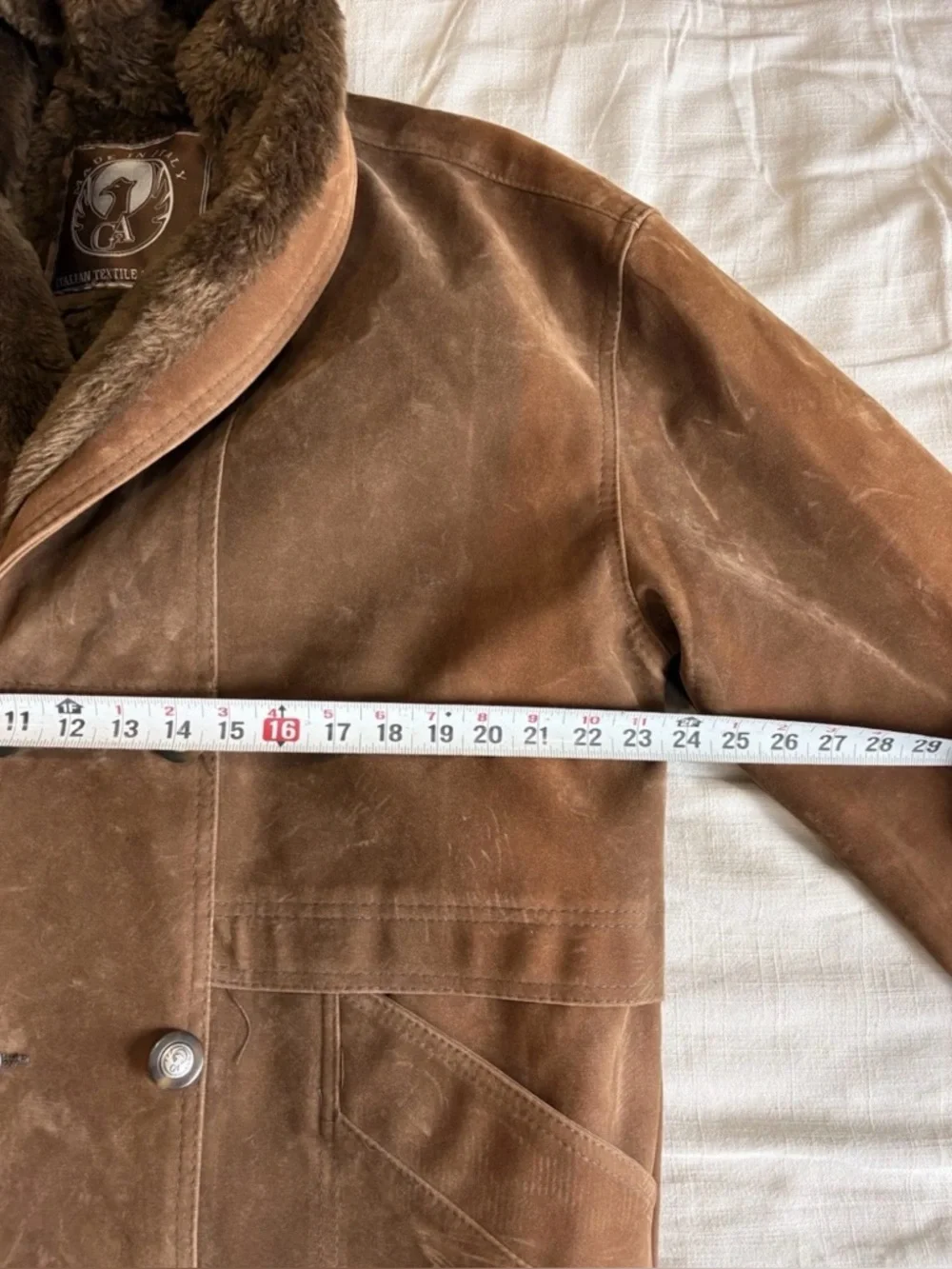 T. Shearling Men’s XL Brown Overcoat Button Shawl Collar Lined Pockets Mid - Picture 3 of 9